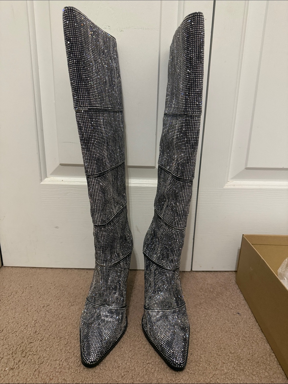 Steve Madden Silver Rhinestone Knee-High Heeled Boots